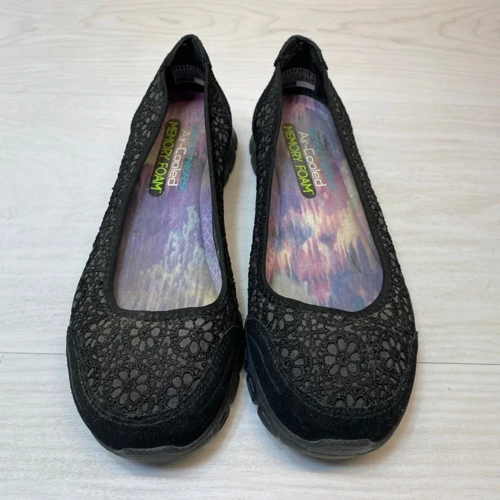 Skechers Womens 6 Ballet Flat Lace Mesh Black Slip On Cooled Memory Foam Shoe